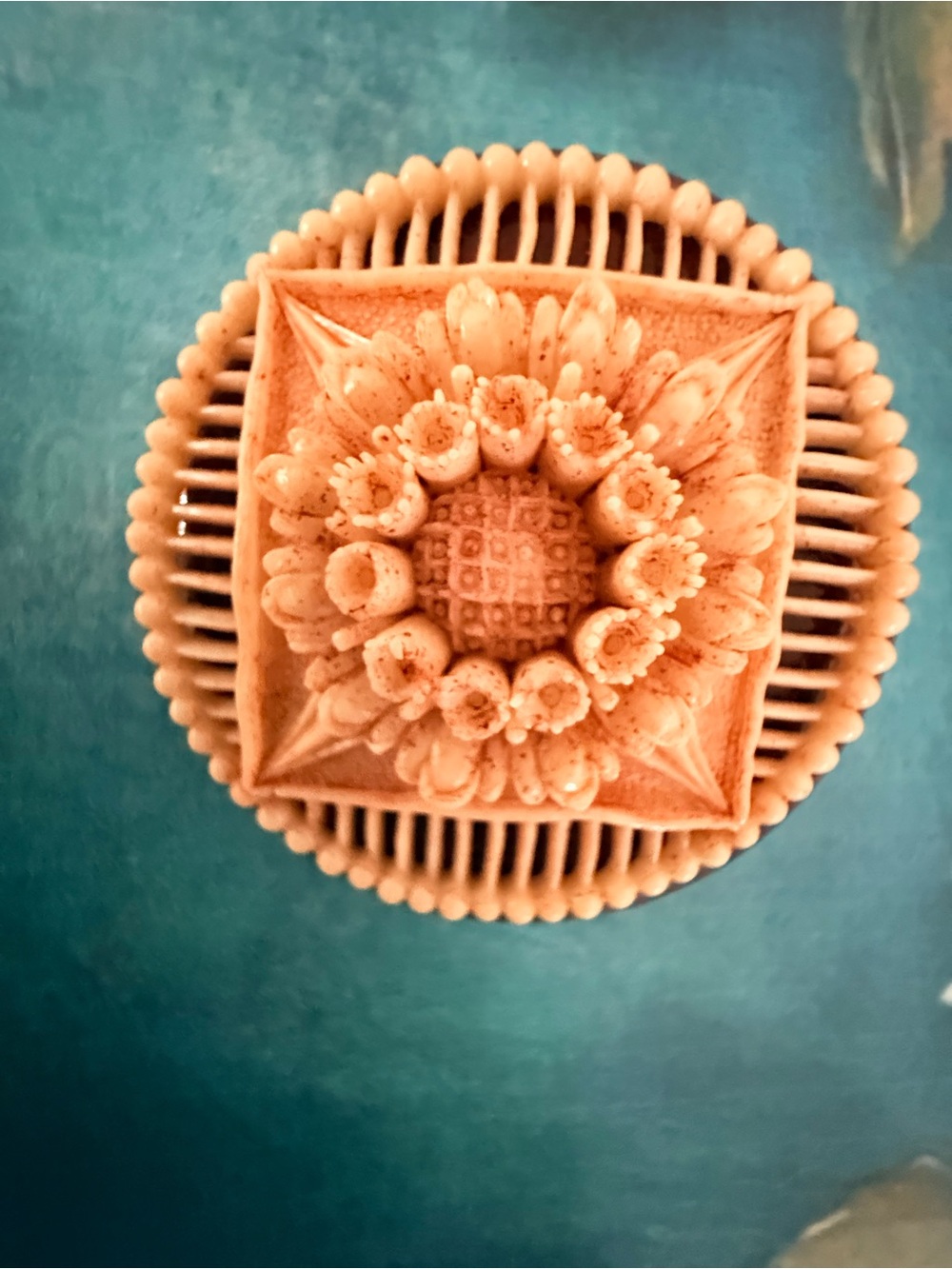Decorative Carved Floral Round Brooch in Brown & Cream.